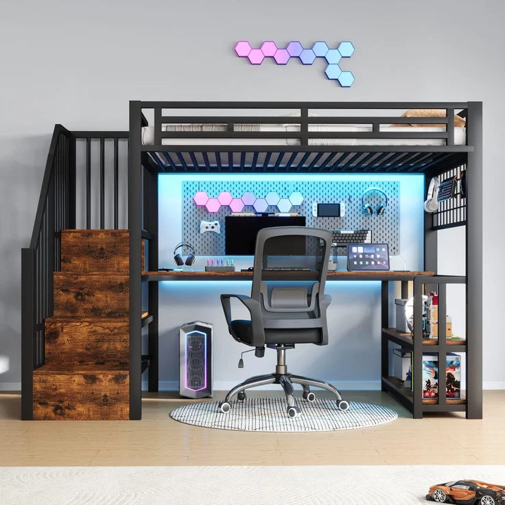 Hochbett mit RGB LED-Streifen, Schreibtisch, Treppe, Regal, Wandgitter, USB, Type-C, 90x200cm, Kinderbett, Metallbett – Bild 2
