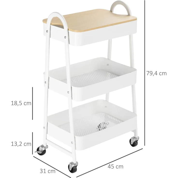 HOMCOM Servierwagen mit 3 Ebenen Küchenwagen mit Rollen Griff Küchenregal mit Korb und Deckel Rollwagen Allzweckwagen für Küche Büro Badezimmer, Weiß – Bild 7
