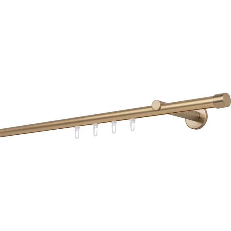 Gardinenstange auf Maß Innenlauf 20mm Cap 1-lauf Vorhangstange Wandträger 12cm Stilgarnitur Gleiter für Vorhänge - Messing-Matt - 100cm