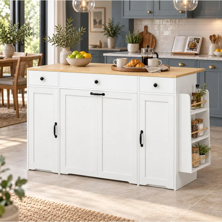 Sideboard 136x65x90 cm mit 3 Schubladen und 2 Türen – Weiß und Natur – Bild 3