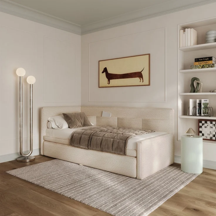 Selsey 'Nesmi' Polsterbett mit Bettkasten, Webstoff Hellbeige, 90x200 cm – Bild 2
