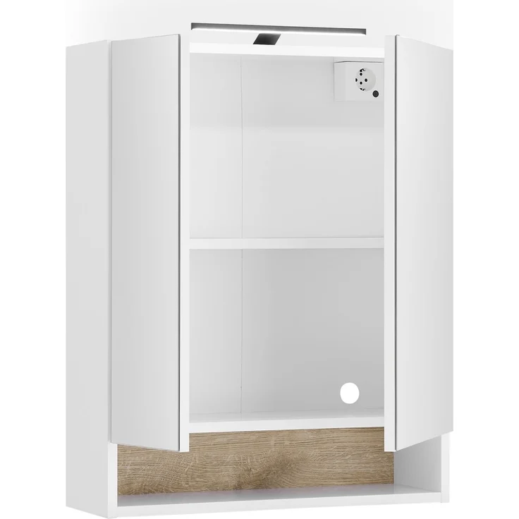 Badezimmerspiegelschrank >Denver< LED, Steckdose, weiß matt / eiche Dekor - 60x75x22 (BxHxT) – Bild 3