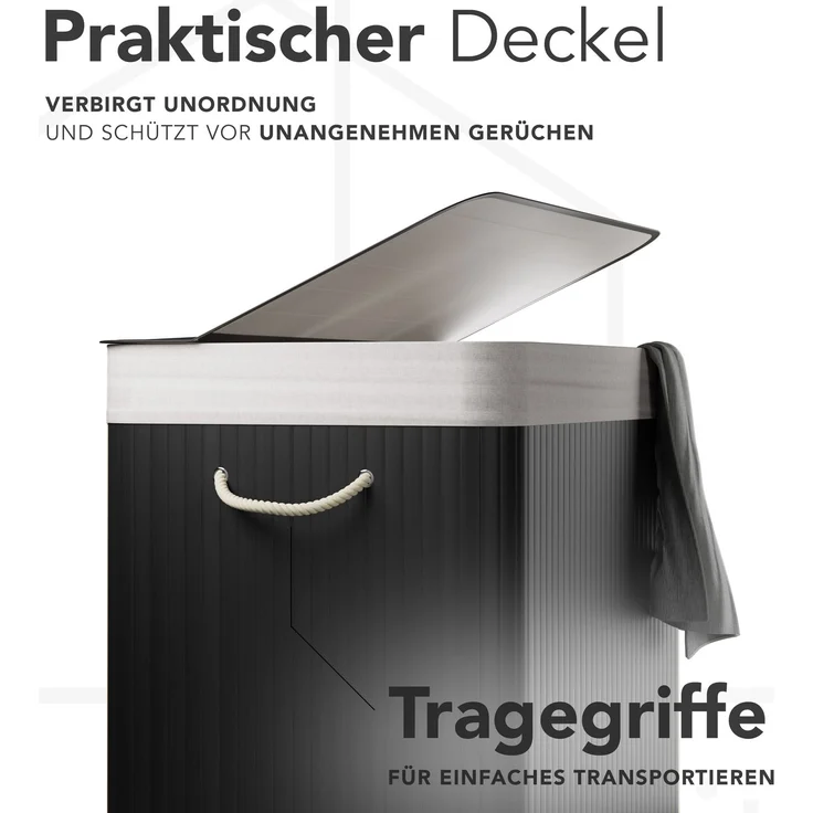 Bambus Wäschekorb 3 Fächer, 150L Wäschesammler mit Deckel & herausnehmbarem Sack – Bild 2