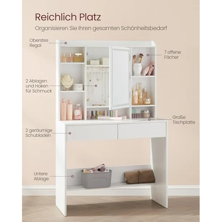 VASAGLE Schminktisch mit Beleuchtung und Hocker Set | Kosmetiktisch, Spiegel mit Ablage, Make-up Organizer, für Schlafzimmer, KAILYN Kollektion RDT123WB01-02 – Bild 4