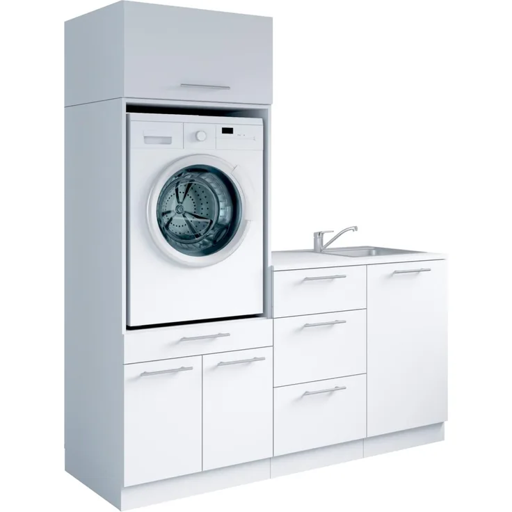 Laundreezy Waschraum Komplett-Set, Weiß - Modulares Schranksystem für Waschküche & Hauswirtschaftsraum - 168 x 200 x 68 cm (B/H/T)