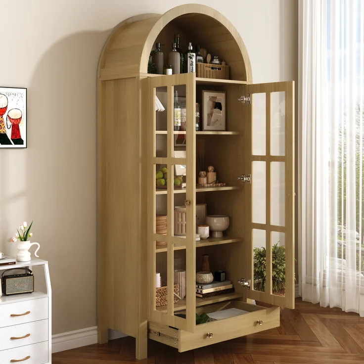 Moderner bogenförmiger Standhochschrank mit mehreren Regalebenen & Schublade – Multifunktionale Vitrine & Regalschrank mit höhenverstellbaren Einlegeböden für Wohnzimmer, Arbeitszimmer und Esszimmer--Natürlich--75x35x170.5cm--YOUDENOVA – Bild 2
