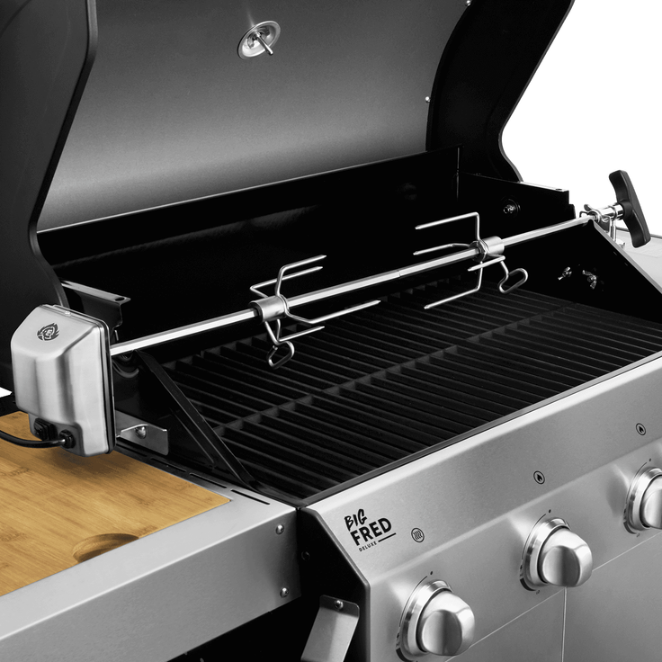 BURNHARD® Universal Drehspieß mit Motor, Elektrischer Grillspieß inkl. Fleischgabeln, Rotisserie für Gasgrill Fred 4- & 6-Brenner, Spießlänge: 90-110cm - Silber - #943700 – Bild 6