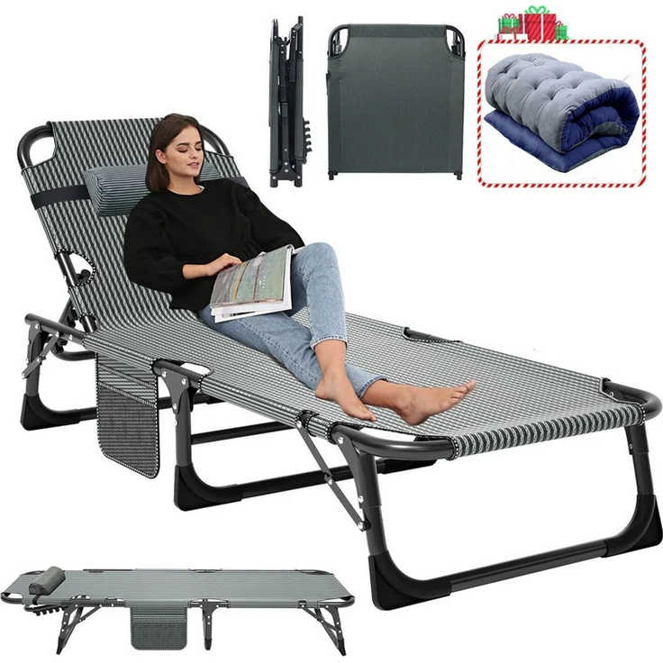 Meulbaty Klappbett Gästebett, Sonnenliege, Campingbett, 220KG lastlager Gartenliege (1-St) mit 2,3-3cm Matratze Seitentasche und Kopfstütze – Bild 1