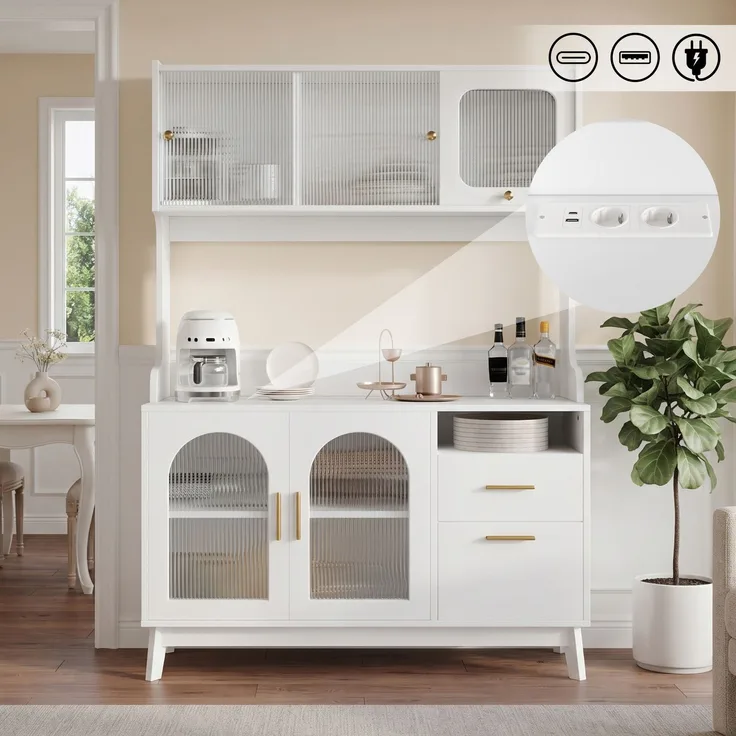 Buffetschränke, Esszimmer-Hochschrank 120*40*178 cm, mehrstufigem Stauraum, integrierter Steckdose sowie USB-C- und USB-A-Anschlüssen, Weiß--Weiß--120x40x178cm--YOUDENOVA