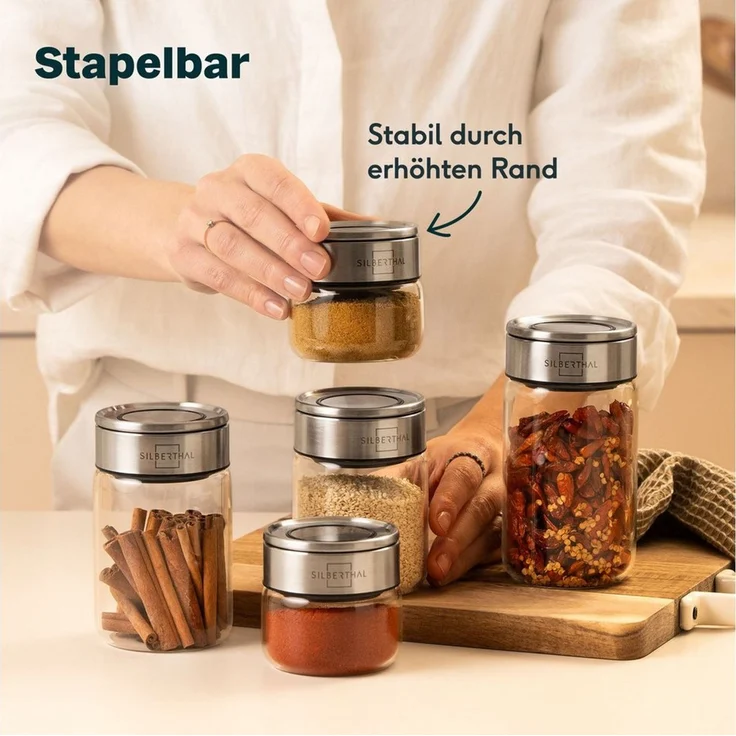 SILBERTHAL Gewürzbehälter 12 x Gewürzglas 300 ml Set, Glas, Edelstahl, (12-tlg, 12er Set), Luftdicht & Mottensicher – Bild 4