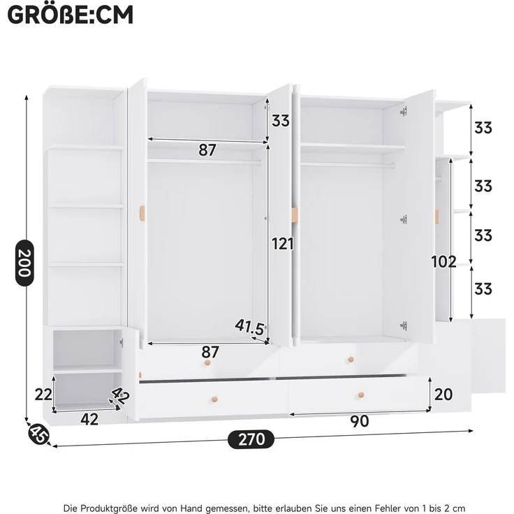Kleiderschrank 270 x 45 x 200 cm in Weiß mit 6 Türen, 4 Kleiderstangen und 4 Schubladen – Bild 7