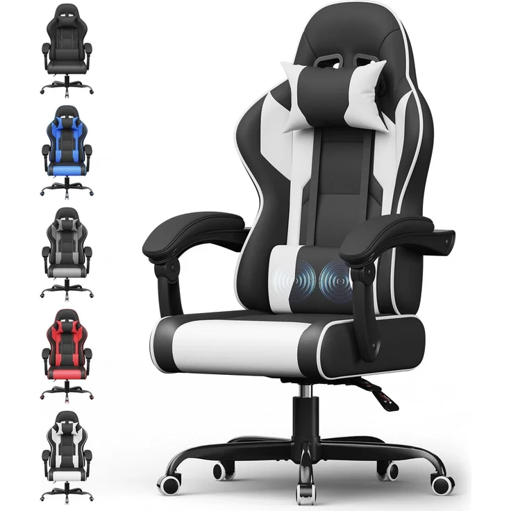 Devoko Gaming Stuhl mit Massagefunktion, Bürostuhl Ergonomisch mit Verstellbarer Ruckenlehne (90-135), Schreibtischstuhl mit Bewegliche Armlehne, max 150kg, Schwarz Weiß – Bild 1