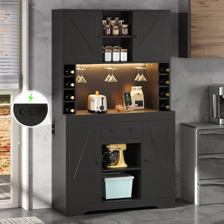 Merax 180cm Küchenschrank, Hochschrank, Weinschrank mit verstellbaren Einlegeböden, Schublade, Edelstahl-Weinglashalter, Weinflaschenfächern, farbwechselnder LED-Beleuchtung und Steckdosen, Schwarz – Bild 1