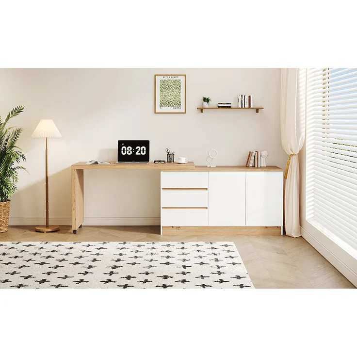 ZUBALIYA Schreibtisch mit feststellbaren Rollen – multifunktionales Design, 4 cm dickere, drehbare Tischplatte, fest arretierbar, weiß/Eiche, Faltbarer Schreibtisch, Eckschreibtisch, Sideboard,Dicke Materialie – Bild 17