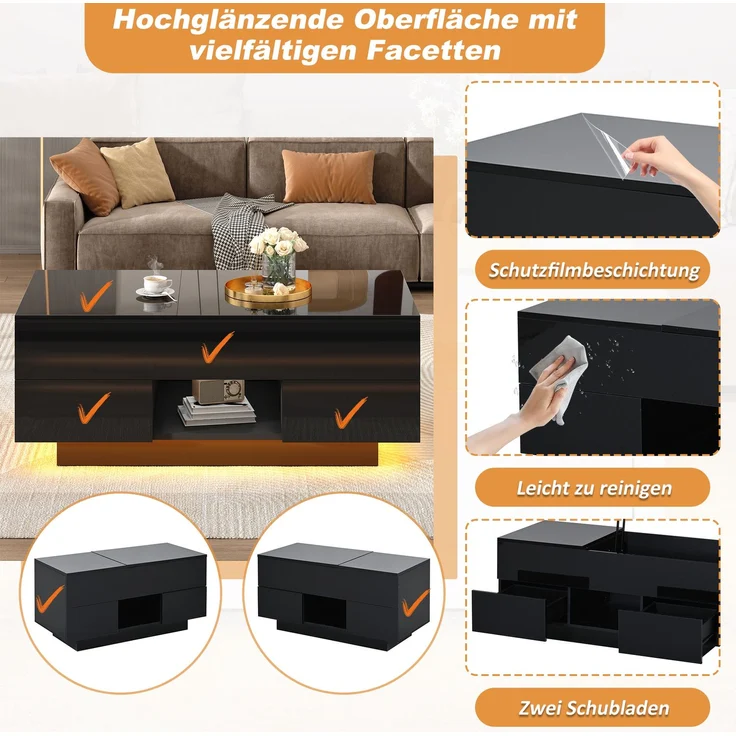 EINHOM 100 x 45 x 43 cm Anhebbarer Couchtisch mit 2 Schublade, Hochglanz-Beistelltisch mit LED, Sofatisch, Kaffeetisch, Wohnzimmertisch mit Verstecktem Stauraum, Schwarz, Spanplatte – Bild 6