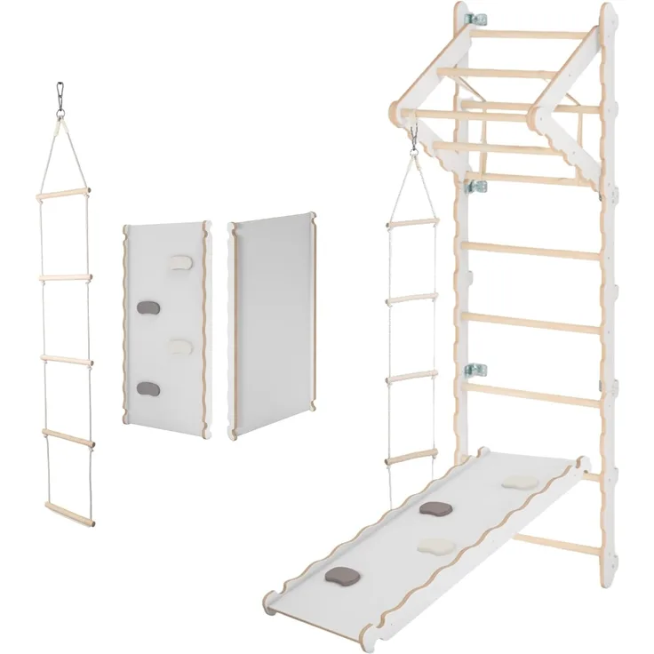 MAMOI® Sprossenwand für Kinder | Indoor Klettergerüst | Sprossenwand Kinderzimmer | Turnwand aus Yarnwood (210 cm) mit Klimmzugstange, Strickleiter und Rutschbrett | CE | 100% ECO | Made in EU