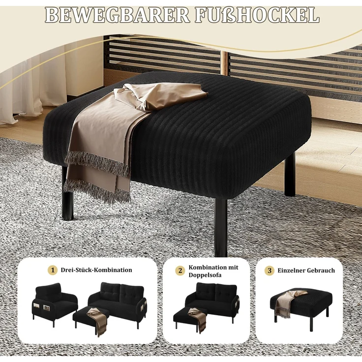 DESVIAE Hocker gepolstert 56x51x39 cm aus Cordstoff Schwarz mit Metallgestell – Bild 5