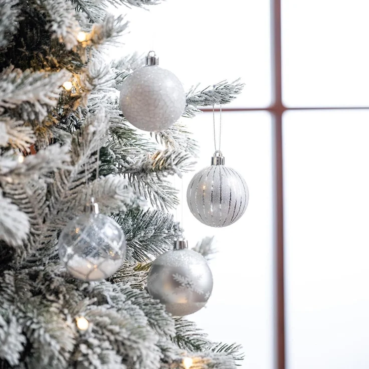 9x 6cm Transparente Christbaumkugeln Silber Weiß inkl. Aufhänger – Bild 2