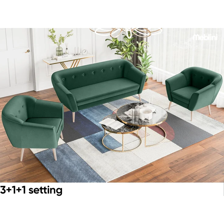 MEBLINI Mini Sofa Set 3-1-1 für Wohnzimmer - Mini Lounge für fünf Personen - Küchensofa - Sofa Klein - Sitzgarnitur - Polstergarnitur - Sofagarnituren - DORIS - 3+1+1 - Grün Samt – Bild 2