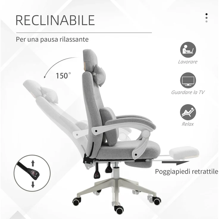 Ergonomischer Bürostuhl, Schreibtischstuhl mit Rollen, Lendenkissen, Kopfstütze und ausziehbarer Fußstütze, grau 62 x 68 x 117–127 cm – Bild 7