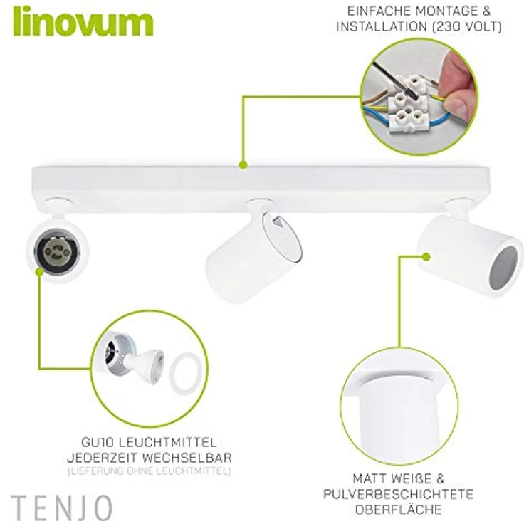 linovum LED Aufbaustrahler TENJO Deckenstrahler 3 flammig weiss Spots drehbar & schwenkbar, Leuchtmittel nicht inklusive – Bild 4