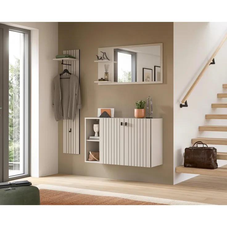 Home affaire Garderoben-Set TATIO, 3-tlg. Garderobenkombination, Breite: 152 cm Rillenfräsung, (Set, 3-St, Set, best. aus: 1 Spiegel, 1 Garderobenpaneel, 1 Schuhkommode), Garderobenkombination, Kombi, Flur-Möbel, Spiegel, Kommode