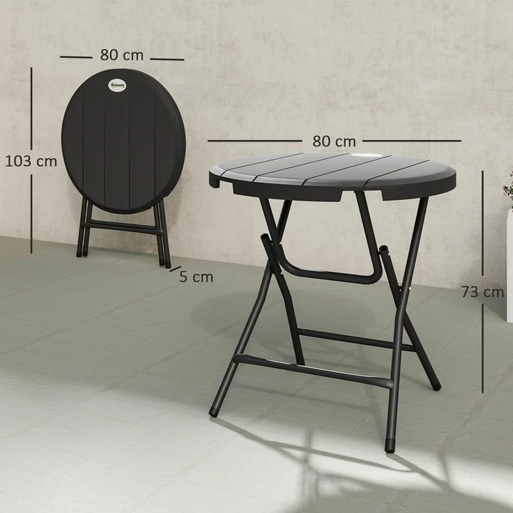Outsunny Gartentisch Campingtisch Garten Esstisch mit Holzoptik, für Balkon, Terrasse (Beistelltisch für 4 Personen, 1-St, Runder Klapptisch), HDPE, Dunkelgrau – Bild 3