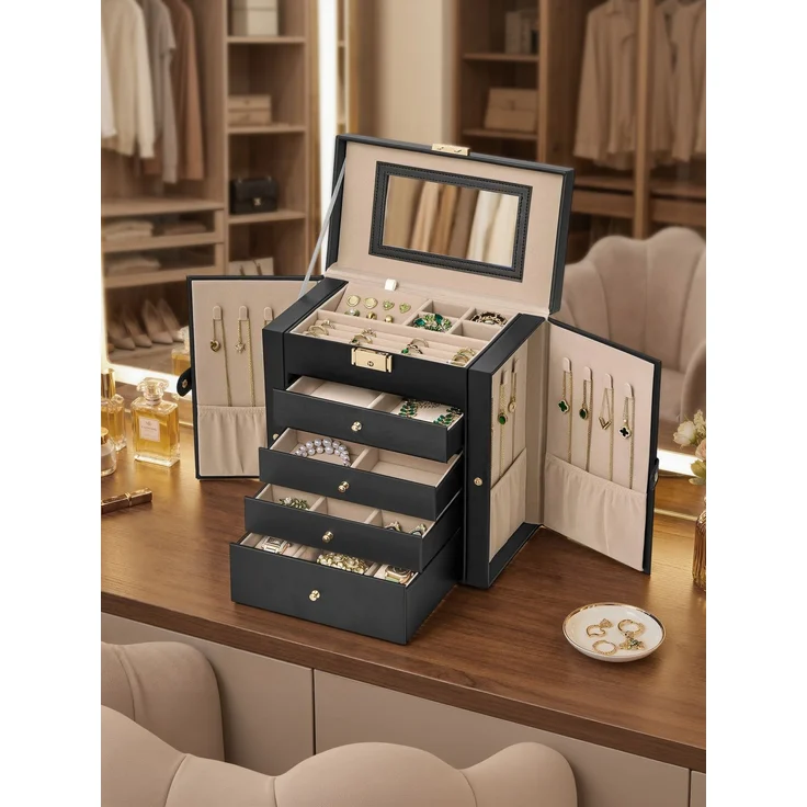 SONGMICS Schmuckbox mit 5 Ebenen, Schmuckkasten, mit Innenspiegel, abschließbar, schwarz – Bild 1