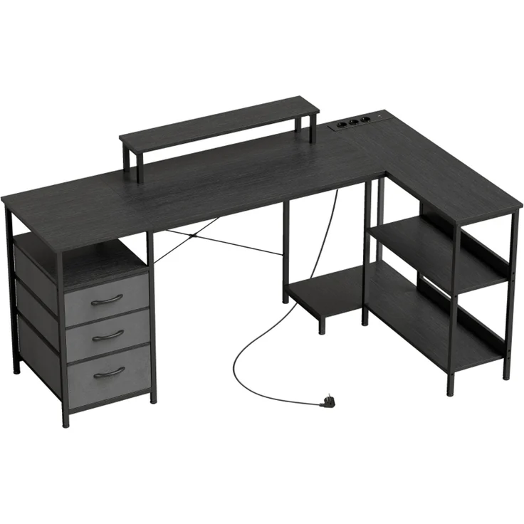 Schreibtisch in L-Form, umkehrbarer Eckschreibtisch mit Schubladen und Regalen, 170 cm, Schwarz--Schwarz--170x100x91cm--YOUDENOVA – Bild 1