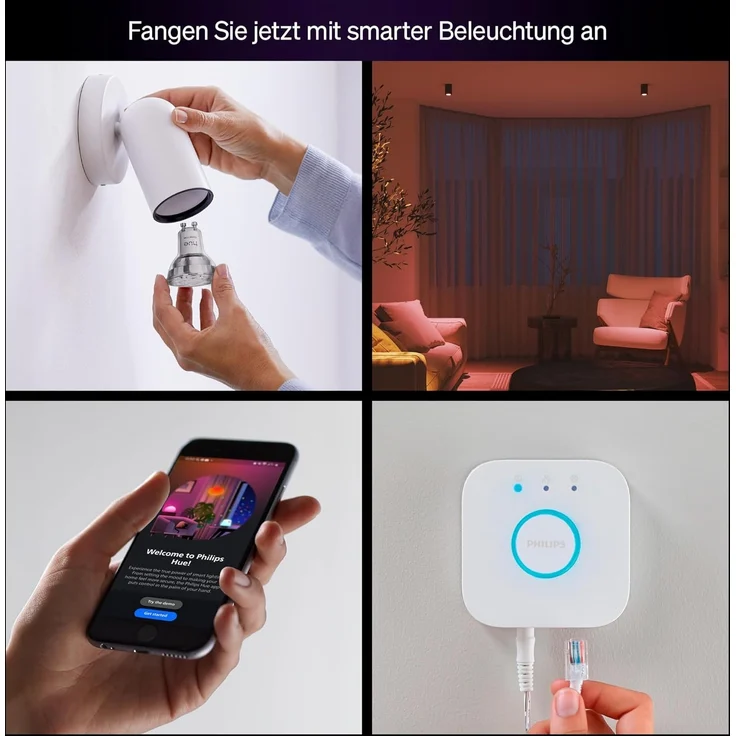 Philips Hue Essential Starter-Set: Bridge + 3 Essential GU10 smarte Lampe + Smart Button, White und Color Ambiance, 2200-6500K, dimmbar, funktioniert mit Alexa, Google Assistant, Apple Home – Bild 2