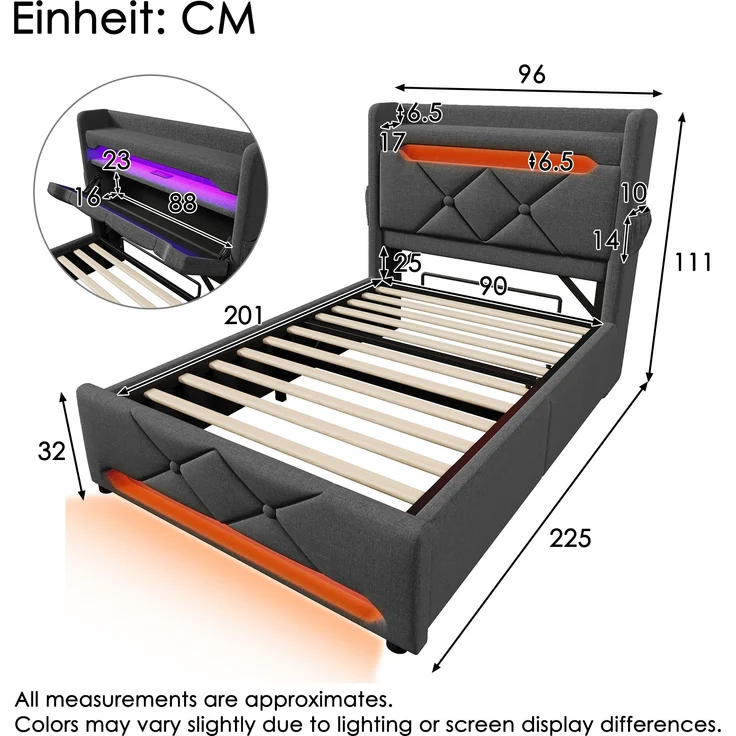 Polsterbett Einzelbett Leinen, mit 360° Musik-LED & 4-fach Ladestation inkl. Matratze, 90x200 cm, Grau – Bild 10