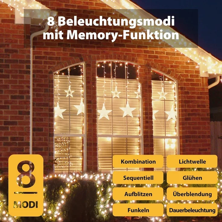 Salcar LED-Lichterkette 2m Sterne LED Lichterkette Außen Lichtervorhang Innen Weihnachten, 8 Beleuchtungsmodi und Memory-Funktion mit Fernbedienung Warmweiß – Bild 2