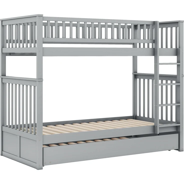 Etagenbett 90x200 cm mit Ausziehbett und Treppe, Kinderbett mit hoher Absturzsicherung,abnehmbares Massivholzbett mit stabilem Rahmen,Grau – Bild 10