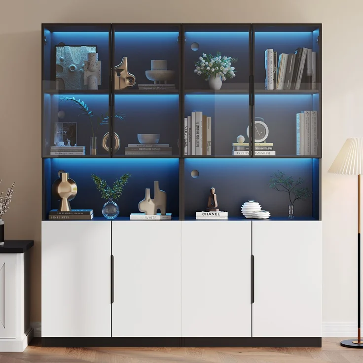 Moderne minimalistische Vitrine mit Glastüren, Vitrine mit LED-Leuchten, Bücherregal für Sammlerstücke, einstellbare Farbtemperatur und Helligkeit, weiße Türen mit schwarzer Dekoration, 30*160*200cm--Weiß--30x160x200cm--YOUDENOVA – Bild 8