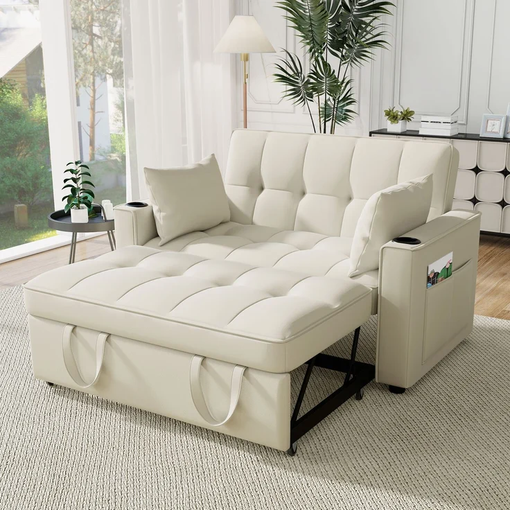 Schlafsofa 2-Sitzer mit verstellbarer Rückenlehne, Samtbezug & Getränkehaltern – Modernes Sofa mit Bettfunktion und Stauraum,Beige – Bild 1