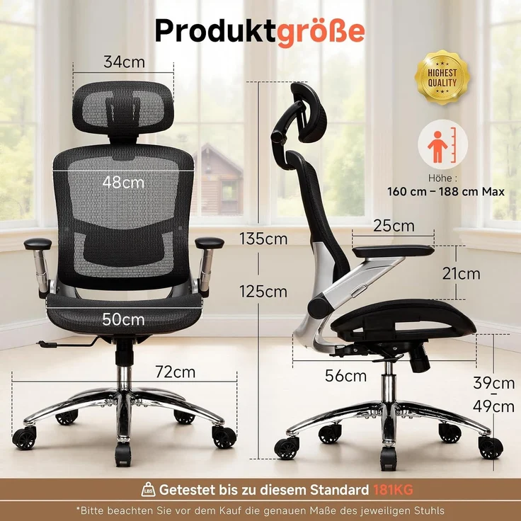 COMHOMA Bürostuhl, ergonomischer schreibtischstuhl mit Mesh, 2D-Kopfstütze, 4D-Armlehnen, Hohe Rückenlehne mit Wipp- & Feststell (90-125°), extra breite Sitzfläche, Belastbarkeit 180 kg, Schwarz – Bild 3