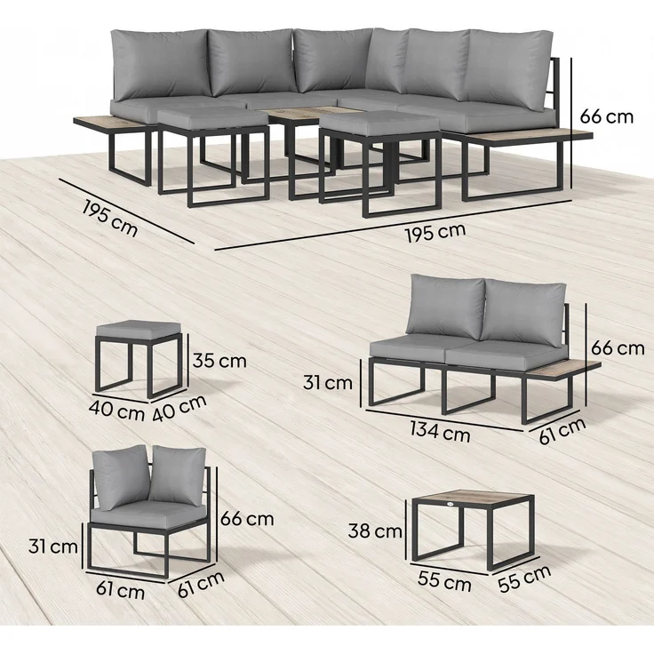Modulares Gartenmöbel-Set für 6 Personen mit Couchtisch und seitlichen Ablageflächen aus PSPC-Holz, 10 cm dicke graue Kissen – Bild 5