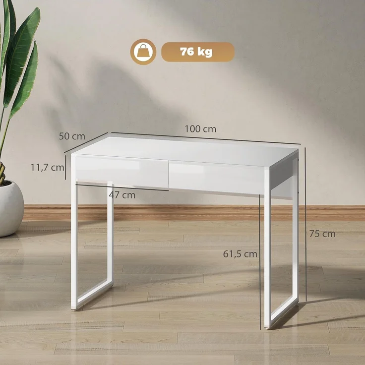 HOMCOM Schreibtisch, Stahl, MDF, Weiß, 100 x 50 x 75 cm – Bild 3