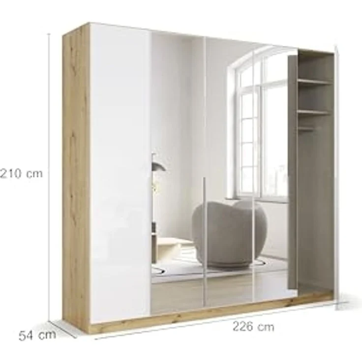Rauch Möbel Alabama, Kleiderschrank für Schlafzimmer, Kinderzimmer, Wohnzimmer, Garderobe, Flur, 5-türig, Spiegel, mit Zubehör Basic, Farbe Weiß Hochglanz/Eiche Artisan, Holz, Breite 226 cm – Bild 3