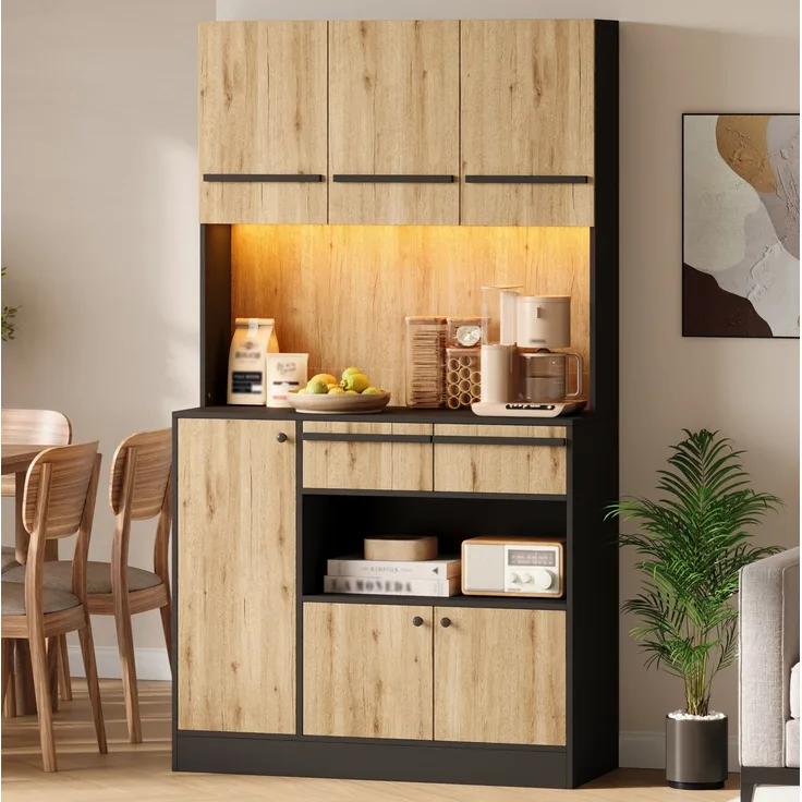 Küchenschrank 100 x 40 x 180 cm mit RGB-LED und verstellbaren Einlegeböden – Natur und Schwarz