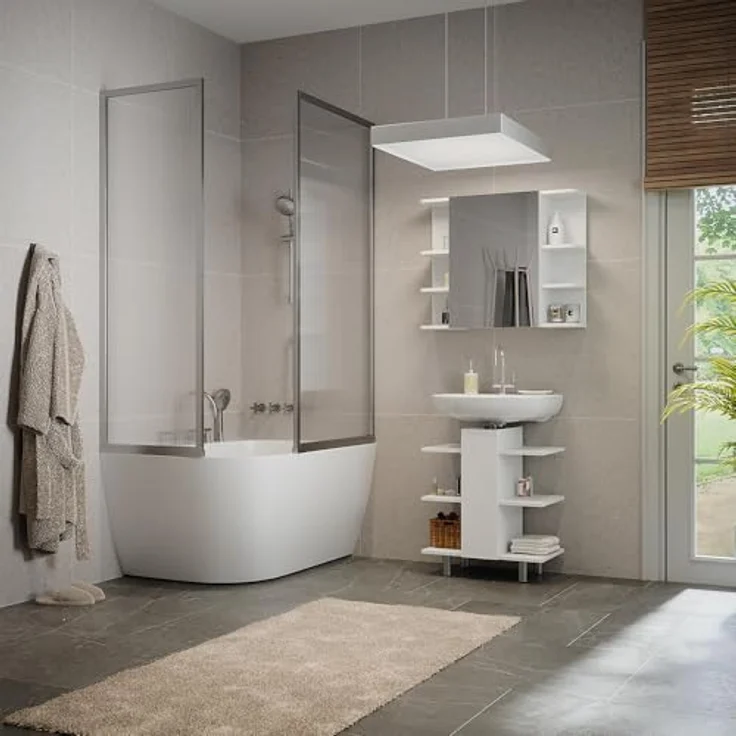 Vicco Fynn Badmöbelset, Weiß, mit Waschbeckenunterschrank und Spiegelschrank, viel Stauraum – Bild 4