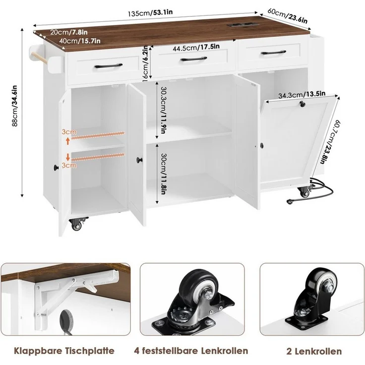 Homfa Küchenwagen mit Steckdoseleiste, klappbarer Arbeitsplatte & Messerblock, Kücheninsel mit Rollen, Küchenschrank mit Müllsystem 135x88x60cm – Bild 3