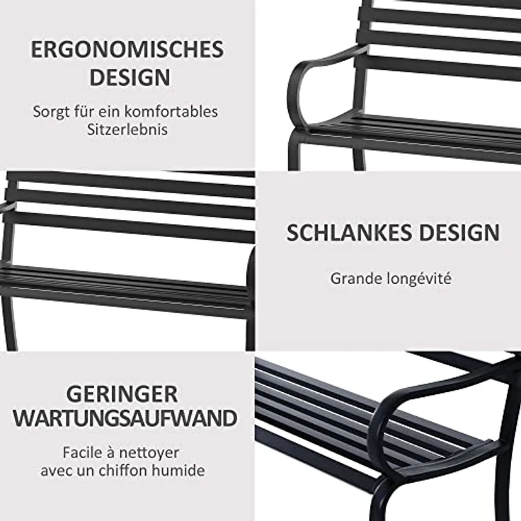 Outsunny Gartenbank Metall, schlichte Lattenoptik, wasserdurchlässig, schwarz, für 2 Personen – Bild 5