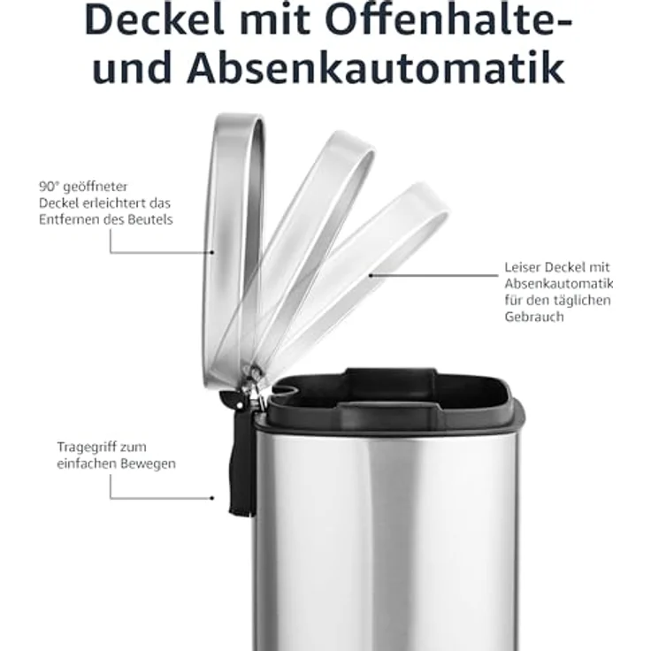 AmazonBasics Rechteckiger, sanft schließender Mülleimer,5 l, satiniert Nickelfarben – Bild 7