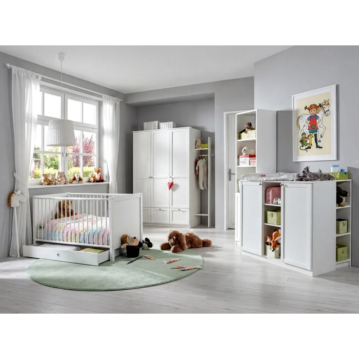 Babyzimmer-Set Kinderzimmer Babybett Wickelkommode Kleiderschrank+Schub. 135 cm Weiß – Bild 5