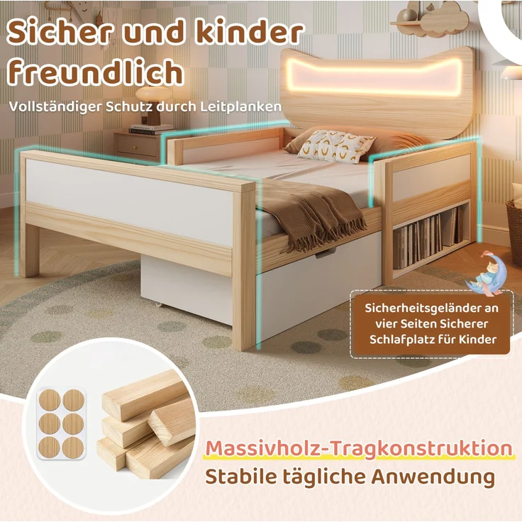 CHICFURN Bett aus Holz Weiß/Eiche 90x200 cm mit Katzenkopfteil, RGB-LED-Beleuchtung und Stauraum – Bild 5