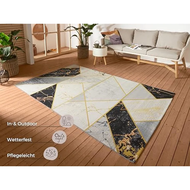 Hanse Home Noble In- & Outdoor Teppich – Flachgewebe Skandi Marmor Optik Geometrisches Muster, ÖKO-TEX Wetterfest & UV-beständig für Wohnzimmer, Balkon, Terrasse, Garten – Schwarz Grau Gold, 200x285 cm – Bild 3