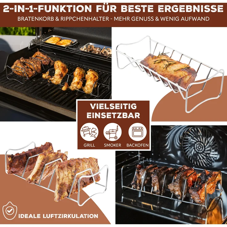 2in1 Spare Ribs- und Bratenhalter 2er Set, Rippchenhalter mit Tragegriffen, aus rostfreiem Edelstahl – Bild 3