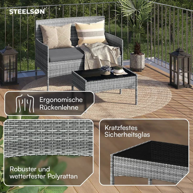 STEELSØN 'Thalora' Gartenlounge2 Set, 4-tlg. Sitzgruppe mit Sofa, 2 Stühlen und Tisch, inkl. Kissen, grau-meliert/anthrazit, aus Polyrattan – Bild 2