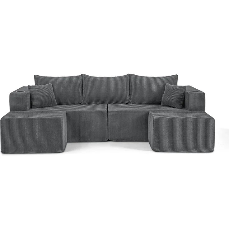 Ecksofa, Cordstoff mit 2 beweglichen Ottomanen & Getränkehaltern, 3-Sitzer, 230×138×75 cm, Grau – Bild 7